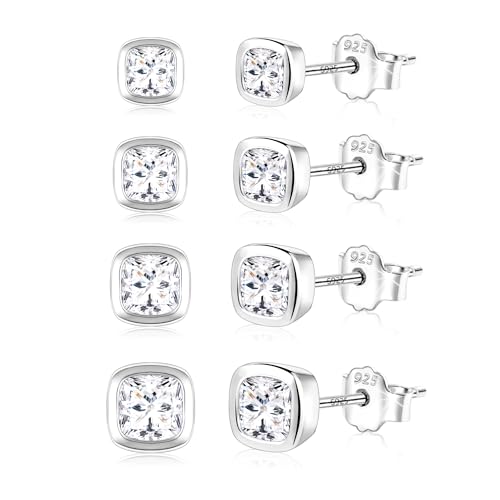 Ohrringe Silber 925 Ohrstecker Kleine Damen, ASH'S CHOICE Sterling Silber Ohrstecker mit Zirkonia Strass Steine Ohrringe Eckigförmige Kugel Kleine Ohrsteck Eckig Glitze Ohrsteck Silber Ohrringe Set von ASH'S CHOICE
