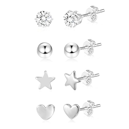 Ohrringe Silber 925 Ohrstecker Set Damen, ASH'S CHOICE 4 Paar Kleine Sterling Silber Ohrstecker mit Zirkonia Steine, Multipack Medizinische Piercing Ohrringe Kugel Herz Stern Ohrstecker Kleine Set von ASH'S CHOICE