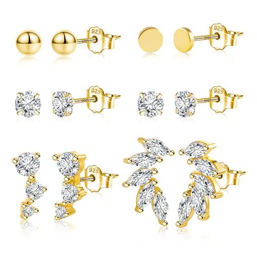 Ohrstecker Gold Ohrringe Set, ASH'S CHOICE Silber 925 Ohrstecker Gold Set Multipack Kleine Ohrsteck Gold Damen, 9ct Gold Ohrringe mit Zirkon Strass Kugel Lange Blatt Glitz Ohrstecker Knorpel Ohrringe von ASH'S CHOICE