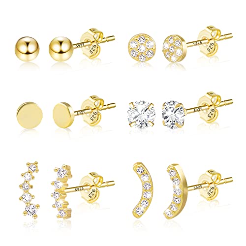 Ohrstecker Gold Set, 6 Paar kleine Ohrstecker Ohrringe Sterling Silber 925 für Damen Mädchen, Bling Ohrstecker mit AAA Zirkon Kristall, Hypoallergen Knorpel Ohrstecker von ASH'S CHOICE