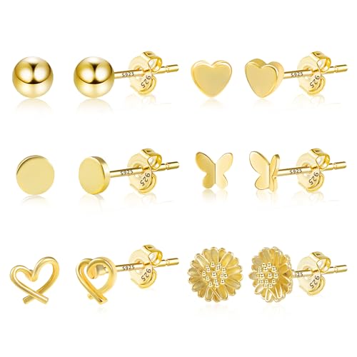 Ohrstecker Set Gold Ohrringe Kleine Damen, 6 Paar 14k Vergoldet Knorpel Ohrringe Set Multipack Ohrstecker Set Kleine Herz Kugel Schmetterling 9ct Ohrstecker Set Silber 925 Ohrringe Gold 585 333 Damen von ASH'S CHOICE