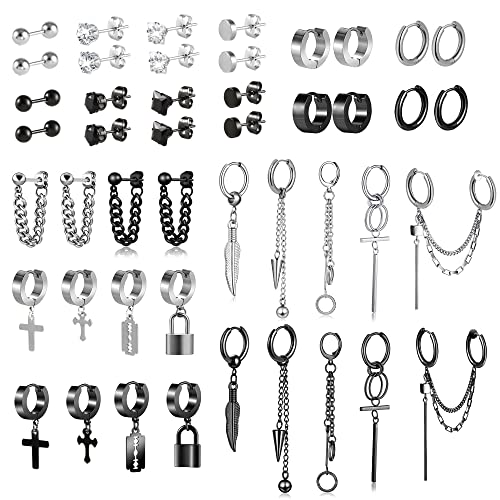 ASH'S CHOICE 46 Stück Ohrringe Herren, Edelstahl Ohrringe Ohrstecker Set für Herren Männer Schwarze Ohrringen Herren Kreuz Vielfältig Chirurgenstahl Ohrstecherpistole Aufklappbare Fashion von ASH'S CHOICE