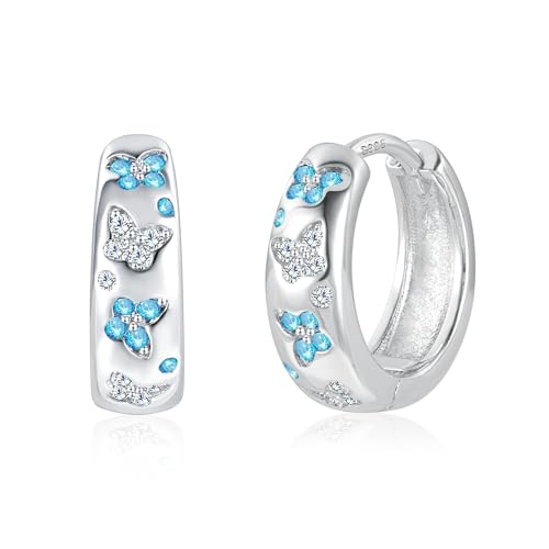 Silber 925 Creolen Klobige Ohrringe, Damen Sterling Silber 925 Creolen Kleine Blauer Schmetterling Zirkon Ohrringe Chunky Silber Glitze Creolen Knorpel Huggie Kreolen Kleine Creolen Dick Leicht Breit von ASH'S CHOICE