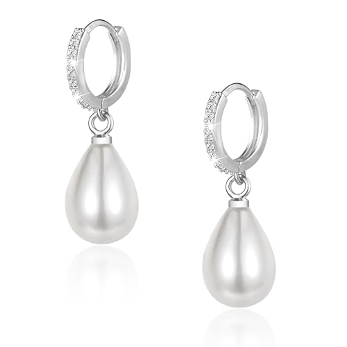 Silber 925 Creolen mit Perlen Anhänger Ohrringe Damen: Hängende Süßwasserperlen Tropfenohrringe in Silber von ASH'S CHOICE