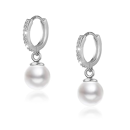 ASH'S CHOICE Silber 925 Ohrringe Creolen mit Anhänger Perlen Damen Frauen Süßwasserperlen Ohrringe Hängend Creolen Ohrringe Creolen mit Zirkon Kleine Ohrringe Perlen Tropfen Huggie Kreolen Ohrringe von ASH'S CHOICE
