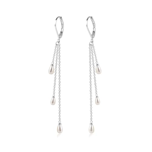 ASH'S CHOICE Silber 925 Ohrringe Hängende, Creolen mit Perlen Anhänger Süßwasserperlen Quaste Lange Tropfenohrringe für Damen Frauen, Silber Kleine Creolen Französische Ohrringe mit Perlen von ASH'S CHOICE