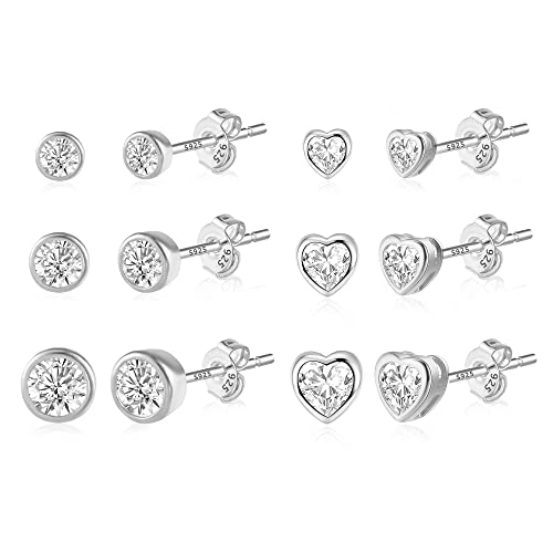 ASH'S CHOICE Silber 925 Ohrringe Ohrstecker Set Damen, 6 Paar Multipack Ohrstecker Kleine Set, Ohrringe Kugel Herz Ohrstecker Glitze Zirkonia Strass Silber Ohrringe Knorpel Mini Kleine Damen Herren von ASH'S CHOICE
