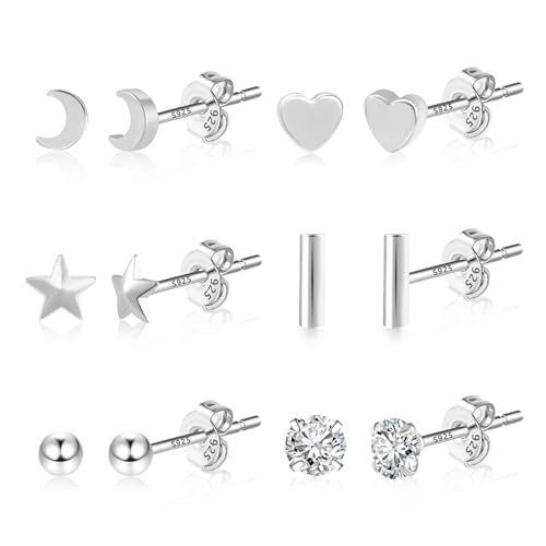 Silber 925 Ohrringe Ohrstecker Set Damen, 6 Paar Sterling Silber Ohrstecker Klein Set Ohrringe Silber Ohrstecker Kleine Knorpel Glitze Ohrstecker Herz Stern Mond Silber Ohrringe Kleine Damen Mädchen von ASH'S CHOICE