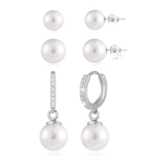 Silber 925 Ohrringe Perlen Set, 3 Paar Ohrstecker Kleine Perlen Creolen mit Perlen Damen Silber Ohrringe Hängende Süßwasserperlen Silber 925 Creolen Zirkon Strass Perlen Ohrsteck Damen Frauen von ASH'S CHOICE