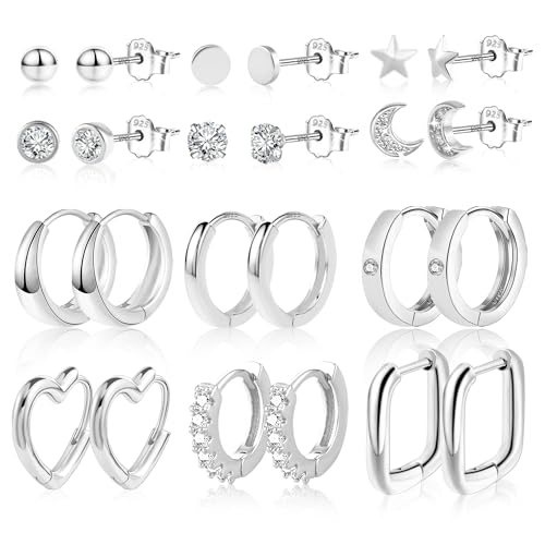 Silber 925 Ohrringe Set, 12 Paar ASH'S Multipack Silber 925 Creolen Ohrstecker Kleine Set Damen, Silber Creolen Eckig Oval Herz Kugel Stern Ohrstecker Piercing Ohrringe Silber für Mehrere Ohrlöcher von ASH'S CHOICE