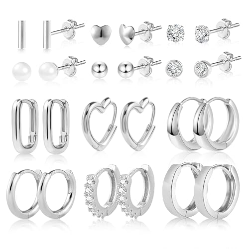 ASH'S CHOICE Silber 925 Ohrringe Set, 12 Paar Multipack Silber 925 Creolen Ohrstecker Kleine Set, Glitz Creolen Eckig Oval Herz Kleine Ohrstecker mit Zirkon Strass Ohrringe Silber für Damen von ASH'S CHOICE
