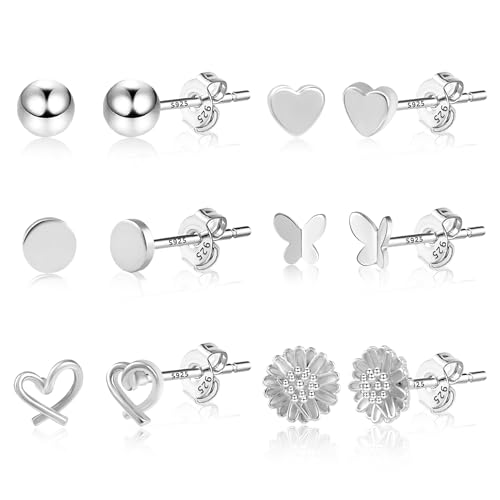 Silber 925 Ohrringe Set Ohrstecker Kleine Damen, 6Paar Multipack Ohrringe Sterling Silber Ohrstecker Knorpel Set Ohrringe Kleine Silber Glitz Ohrstecker Herz Kugel Schmetterling Ohrringe Damen Frauen von ASH'S CHOICE