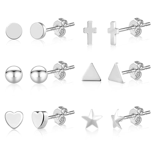 Silber 925 Ohrringe Set Ohrstecker Kleine Damen, 6 Paar Multipack Sterling Silber Ohrstecker Set Knorpel Ohrringe Kleine Silber Glitz Ohrstecker Herz Kugel Stern Dreieck Ohrringe Damen Mädchen Kind von ASH'S CHOICE