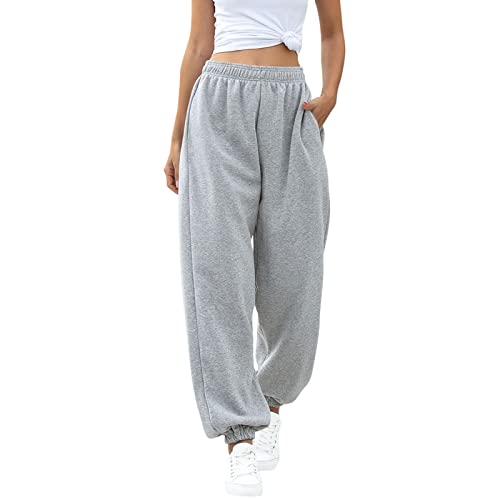 ASHER FASHION Damen Active High Waist Jogger Sweatpants Baggy Lounge Yogahose mit Taschen Sportlich, grau, Mittel von ASHER FASHION