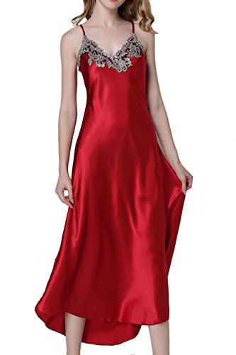 ASHER FASHION Damen Nachthemd Spitze Satin Nachthemden Lang Chemise Nachtwäsche, Rot/Ausflug, einfarbig (Getaway Solids), XXL von ASHER FASHION