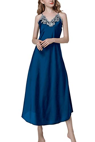 ASHER FASHION Damen Nachthemd Spitze Satin Nachthemden Lang Chemise Nachtwäsche - Blau - XXL von ASHER FASHION