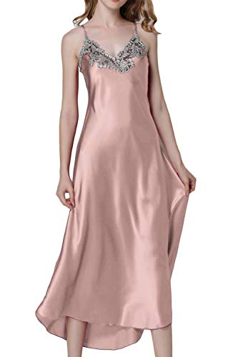 ASHER FASHION Damen Nachthemd Spitze Satin Nachthemden Lang Chemise Nachtwäsche - Pink - US Large von ASHER FASHION