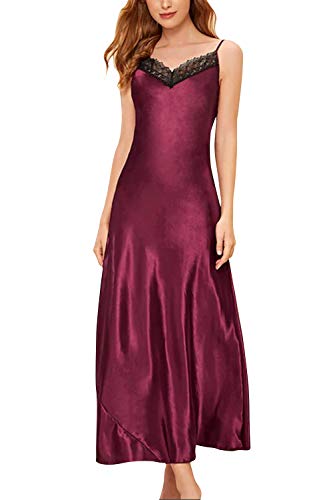 ASHER FASHION Damen Nachthemd Spitze Satin Nachthemden Lange Chemise Nachtwäsche, Weinrot, US Small von ASHER FASHION