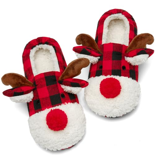 ASHION Hausschuhe Damen Outdoor Christmas Slippers Winter Warm Plüsch Memory Foam Pantoffeln Antirutsch Leichte Hauspantoffeln,Tartan Rot,38 von ASHION