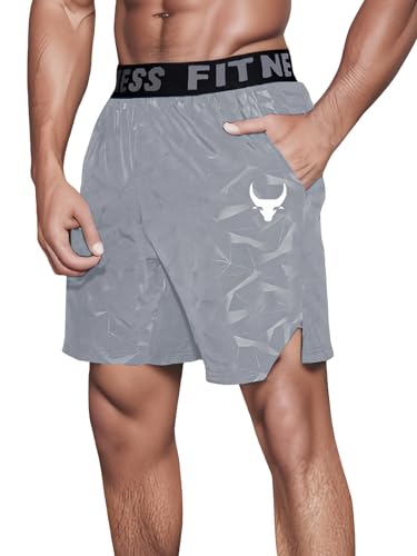 ASHION Herren Muster Atmungsaktive Sweatshorts Activewear Shorts Laufshorts Training Kurz Sommer Freizeithose mit Taschen Sporthose Kurze Grau, Large von ASHION