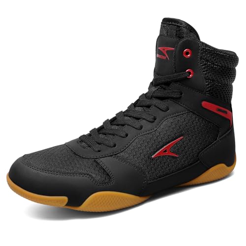 ASHION Herren Wrestling Schuhe Boxschuhe Leichte High Top Fitness Sneakers Gewichtheben Powerlifting Schuhe Zero Drop Sohle, Schwarz/Rot, 41.5 EU von ASHION