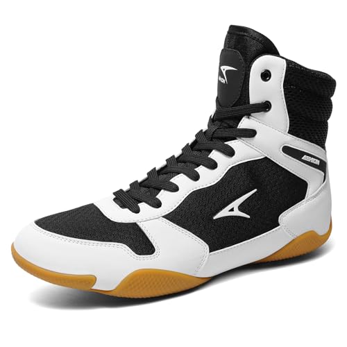 ASHION Herren Wrestling Schuhe Boxschuhe Leichte High Top Fitness Sneakers Gewichtheben Powerlifting Schuhe Zero Drop Sohle, Weiß/Schwarz, 46 EU von ASHION