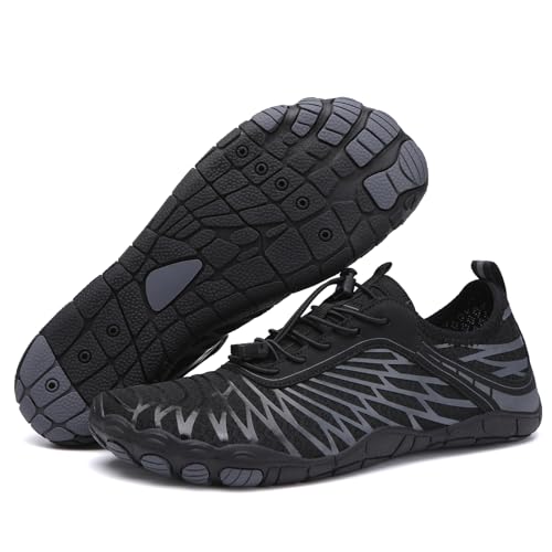 ASHION Unisex Barfußschuhe Herren Badeschuhe Damen Atmungsaktiv Leicht Wasserschuhe Sommer Strandschuhe rutschfeste Schwimmschuhe Aquaschuhe,Grau Schwarz,38 EU von ASHION