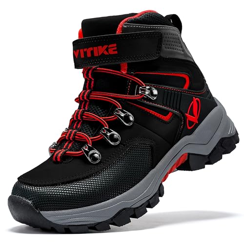 ASHION Winterschuhe Jungen Schneestiefel Kinder Mid Gefütterte Winterstiefel Wanderschuhe Trekking Baumwollschuhe,D Schwarz Rot 36 EU von ASHION