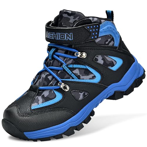 ASHION Winterschuhe Jungen Schneestiefel Kinder Mid Gefütterte Winterstiefel Wanderschuhe Trekking Baumwollschuhe,F Blau Schwarz, 34 EU von ASHION