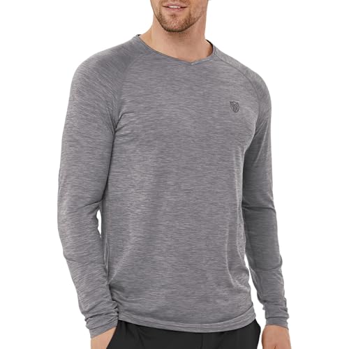 Herren Atmungsaktiv Langarm Sportshirt Gym Running Top Long Sleeve Laufshirts V Neck T-Shirts Outdoor Workout Fitness Oberteil für Männer Grau, Size Large von ASHION