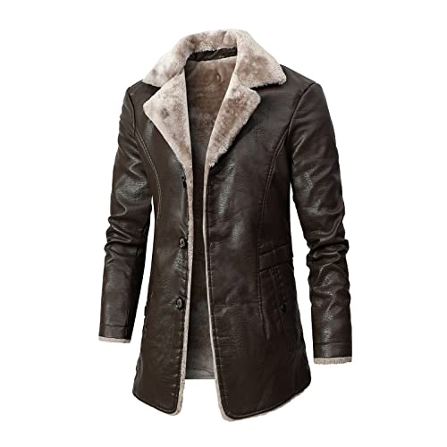 Lederjacke Herren Winter Parka mit Fell-Imitat Jacke Mantel Herren Mantel Retro Plus Samt Revers Anzug LederplüSchjacke Lederjacke Mit Fell Herren (Braun, L) von ASHUI