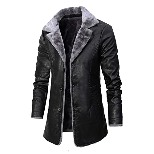 Lederjacke Herren Winter Parka mit Fell-Imitat Jacke Mantel Herren Mantel Retro Plus Samt Revers Anzug LederplüSchjacke Ledermantel Herren (Schwarz, M) von ASHUI