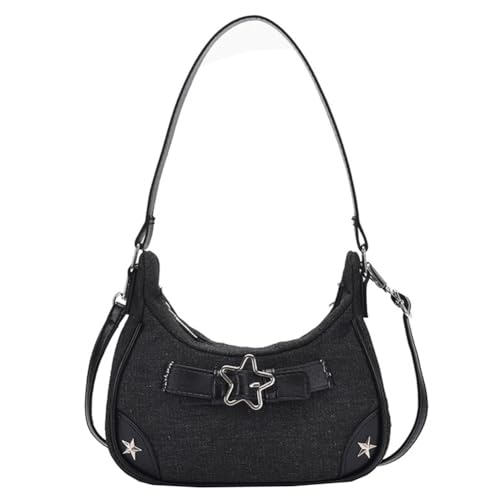 ASIEIT Damen-Handtasche mit Vintage-Stern, Y2K-Denim, einfache Umhängetasche, verstellbarer Riemen, modische Tragetasche, Mädchen-Outdoor-Tagestasche (schwarz) von ASIEIT