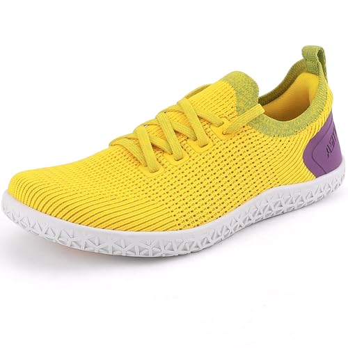 ASITVO Damen Weite Barfuß-Zero-Drop-Sohle Minimalistische Weite Zehenbox Walkingschuhe Sneakers Bunte Strickoberseite, Gelb, Grün, 39.5 EU Weit von ASITVO