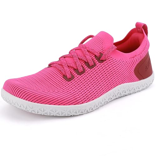 ASITVO Damen Weite Barfuß-Zero-Drop-Sohle Minimalistische Weite Zehenbox Walkingschuhe Sneakers Bunte Strickoberseite, Rosenrot, 40 EU Weit von ASITVO