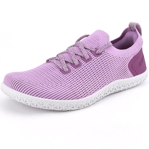 ASITVO Damen Weite Barfuß-Zero-Drop-Sohle Minimalistische Weite Zehenbox Walkingschuhe Sneakers Bunte Strickoberseite, Violett, 37 EU Weit von ASITVO