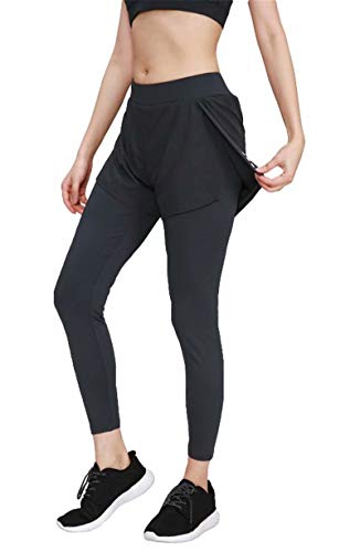 ASKSA 2 in 1 Sport Shorts Damen Yoga Hose Gym Workout Laufshorts Fitness Jogging Leggings Lange Hosen(Schwarz,M) von ASKSA