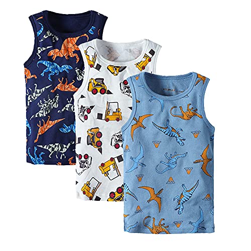 ASKSA 3 Pack Kinder Jungen Mädchen Unterhemden 100% Baumwolle Ärmellos Tank Top Unterwäsche Weste Shirt (Bagger & Dinosaurier,110-116 EU) von ASKSA
