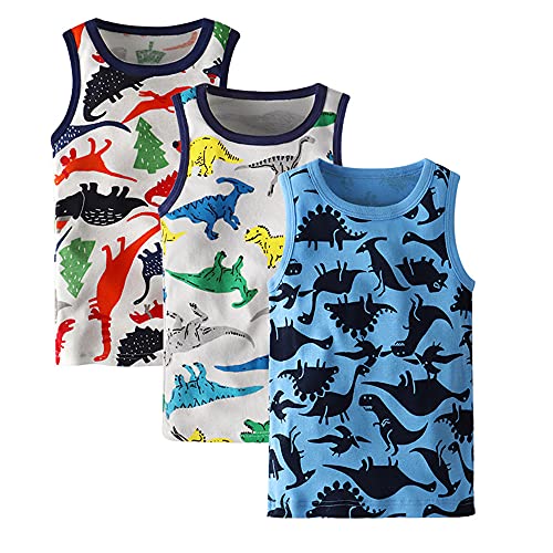 ASKSA 3 Pack Kinder Jungen Mädchen Unterhemden 100% Baumwolle Ärmellos Tank Top Unterwäsche Weste Shirt (Dino Paradies,122 EU) von ASKSA