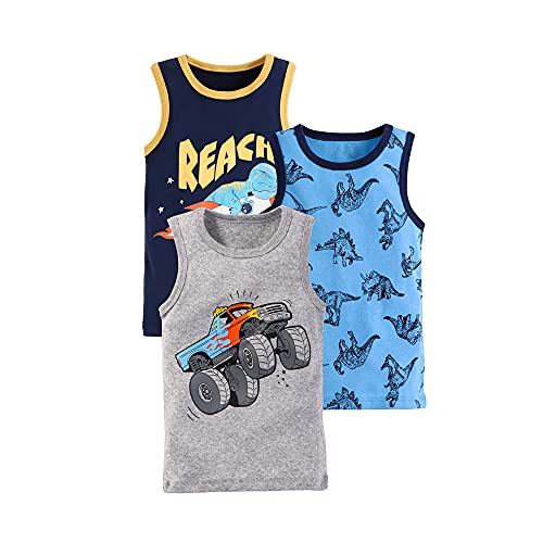 ASKSA 3 Pack Kinder Jungen Mädchen Unterhemden 100% Baumwolle Ärmellos Tank Top Unterwäsche Weste Shirt (Rakete & Geländewagen,110-116 EU) von ASKSA