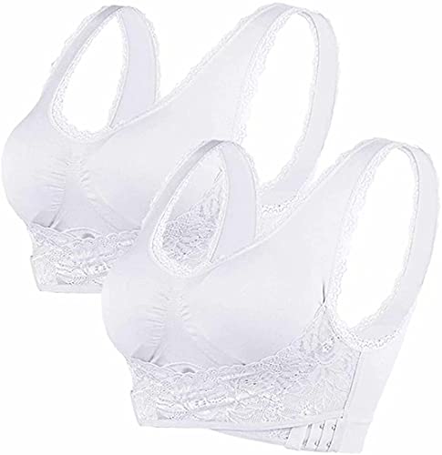 ASKSA Damen 2 Packs Nahtlose Spitzen Yoga Fitness Sport BHS Frauen Lace Bra Kreuz Vorderseite Schnalle Lounge BH Workout 2 Stücke Wohlfühl-BH(Weiß,3XL) von ASKSA