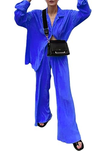 ASKSA Damen 2 Teiler Casual Outfits Sommer Plissee Set Zweiteiler Langarm Hohe Taille Lange Hosen Loungewear (Blau,L) von ASKSA