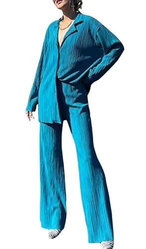 ASKSA Damen 2 Teiler Casual Outfits Sommer Plissee Set Zweiteiler Langarm Hohe Taille Lange Hosen Loungewear (Dunkelblau,XL) von ASKSA