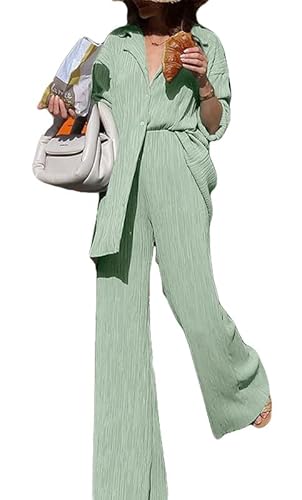 ASKSA Damen 2 Teiler Casual Outfits Sommer Plissee Set Zweiteiler Langarm Hohe Taille Lange Hosen Loungewear (Hellgraugrün,L) von ASKSA