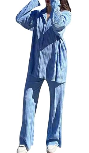 ASKSA Damen 2 Teiler Casual Outfits Sommer Plissee Set Zweiteiler Langarm Hohe Taille Lange Hosen Loungewear (Himmelblau,S) von ASKSA