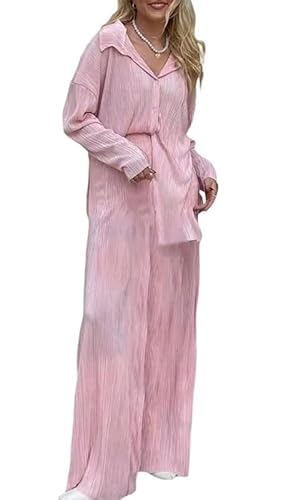 ASKSA Damen 2 Teiler Casual Outfits Sommer Plissee Set Zweiteiler Langarm Hohe Taille Lange Hosen Loungewear (Rosa,S) von ASKSA