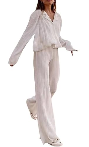 ASKSA Damen 2 Teiler Casual Outfits Sommer Plissee Set Zweiteiler Langarm Hohe Taille Lange Hosen Loungewear (Weiß,S) von ASKSA