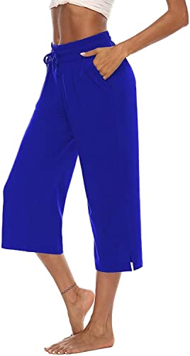 ASKSA Damen 3/4 Hose Caprihose Weites Bein Bequeme Freizeithosen Jogginghose Lose Yoga Sweathose Sommerhose mit Taschen(Blau,S) von ASKSA