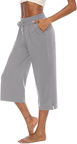 ASKSA Damen 3/4 Hose Caprihose Weites Bein Bequeme Freizeithosen Jogginghose Lose Yoga Sweathose Sommerhose mit Taschen(Grau,L) von ASKSA