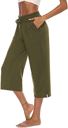 ASKSA Damen 3/4 Hose Caprihose Weites Bein Bequeme Freizeithosen Jogginghose Lose Yoga Sweathose Sommerhose mit Taschen(Grün,XL) von ASKSA